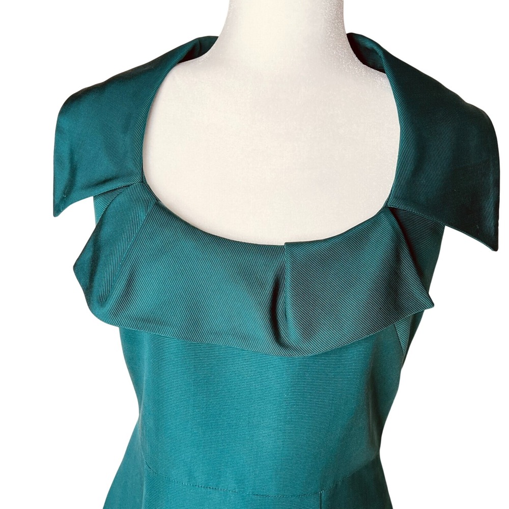 Lela Rose Silk Sheath Dress Womens 6 Teal Green Ribbed Ruffle Portrait Collar - Picture 2 of 11